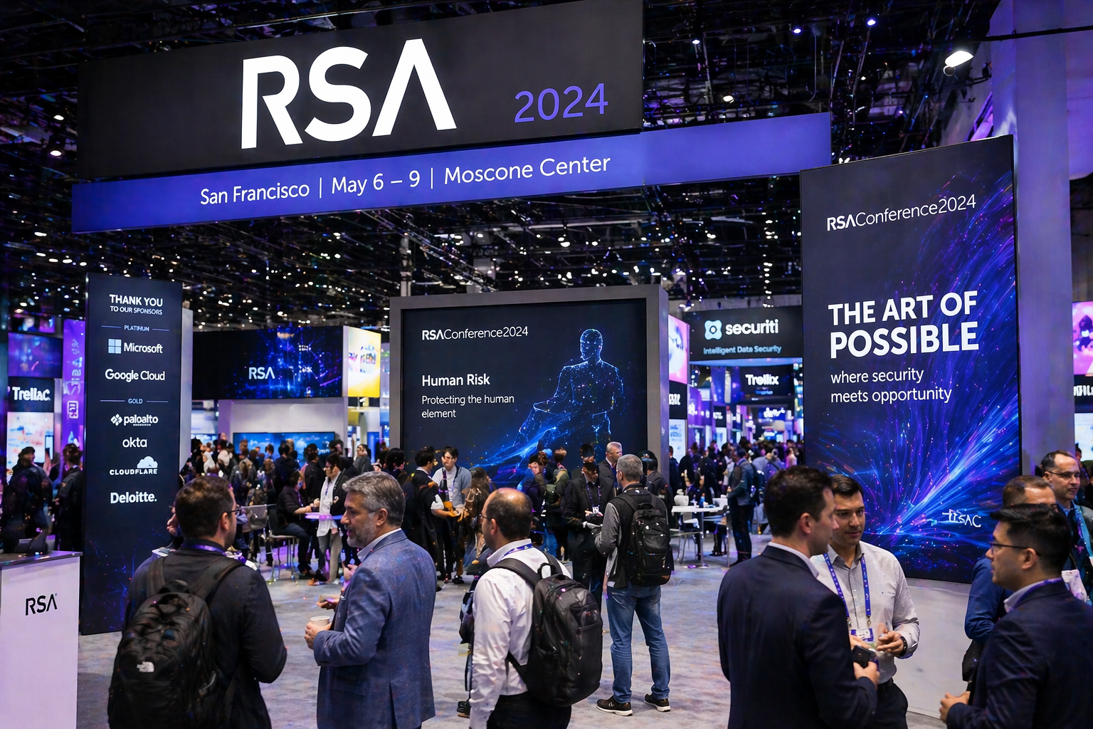 RSA 2024 conference exhibition hall with attendees and cybersecurity displays