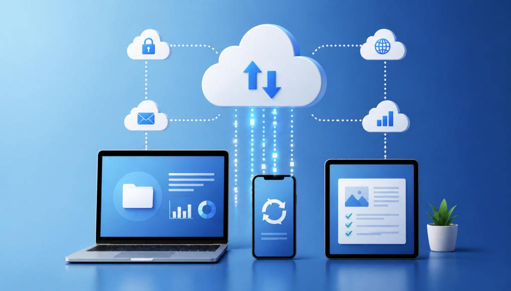 Cloud computing concept showing connected devices sharing data through cloud services for beginners