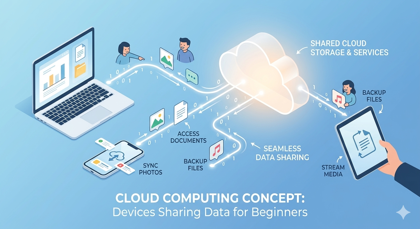 Cloud computing concept showing connected devices sharing data through cloud services for beginners