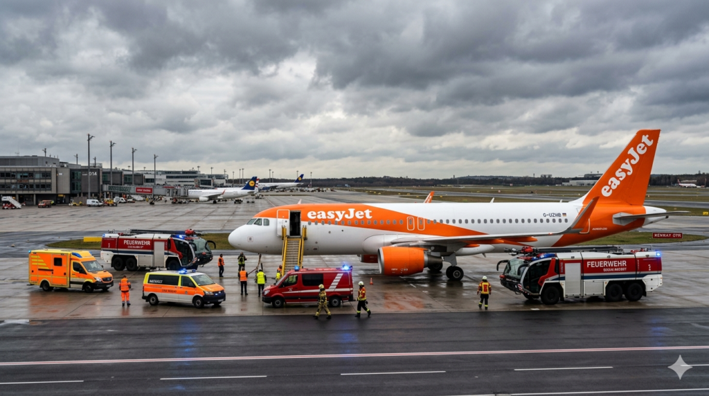 EasyJet aircraft on ground following easyjet u22152 emergency germany incident with emergency response vehicles